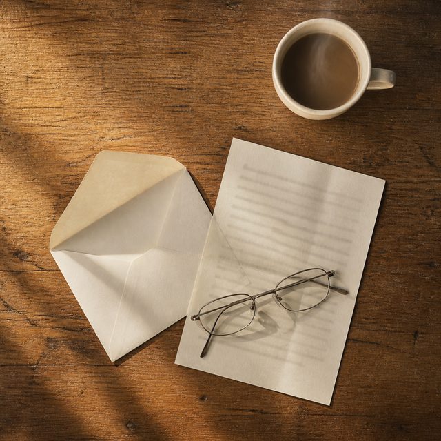 Draufsicht auf einen Holztisch mit geöffnetem Briefumschlag, gefaltetem Brief, Lesebrille und einer Tasse Kaffee